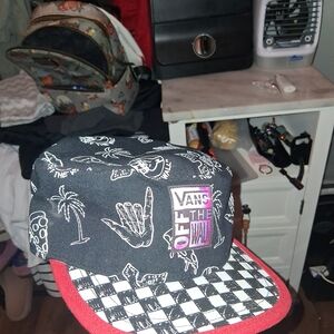 Vans Black and White Checkered Cap with Red Brim